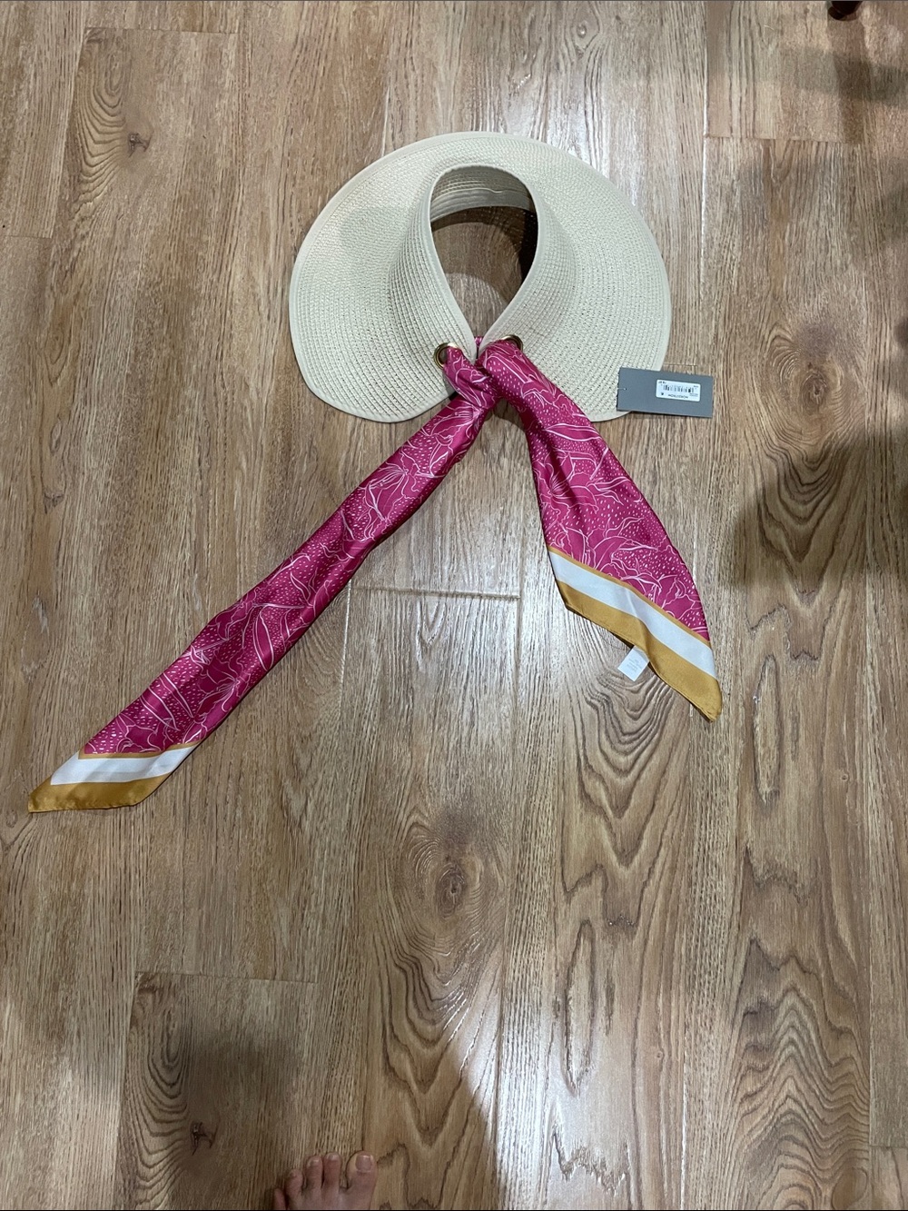 Wide-Brim Straw Visor with Pink & Gold Trim Scarf